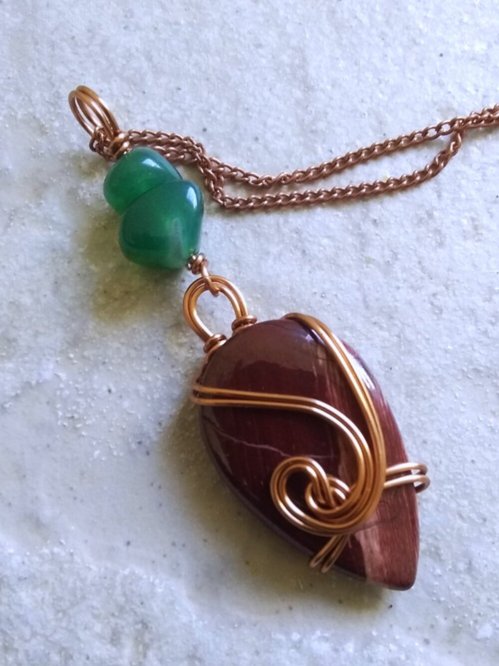 Wire Wrapped Chocolate Jasper + Green Agate Pendant Necklace - OOAK Fall Jewelry
